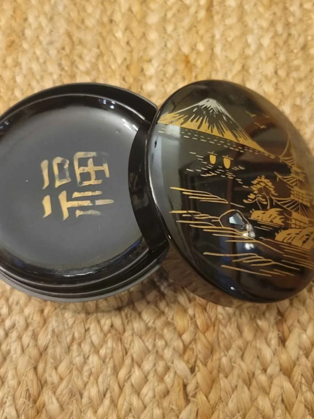 Vintage set of Japanese Black Lacquerware Coasters Featuring Mt. Fuji